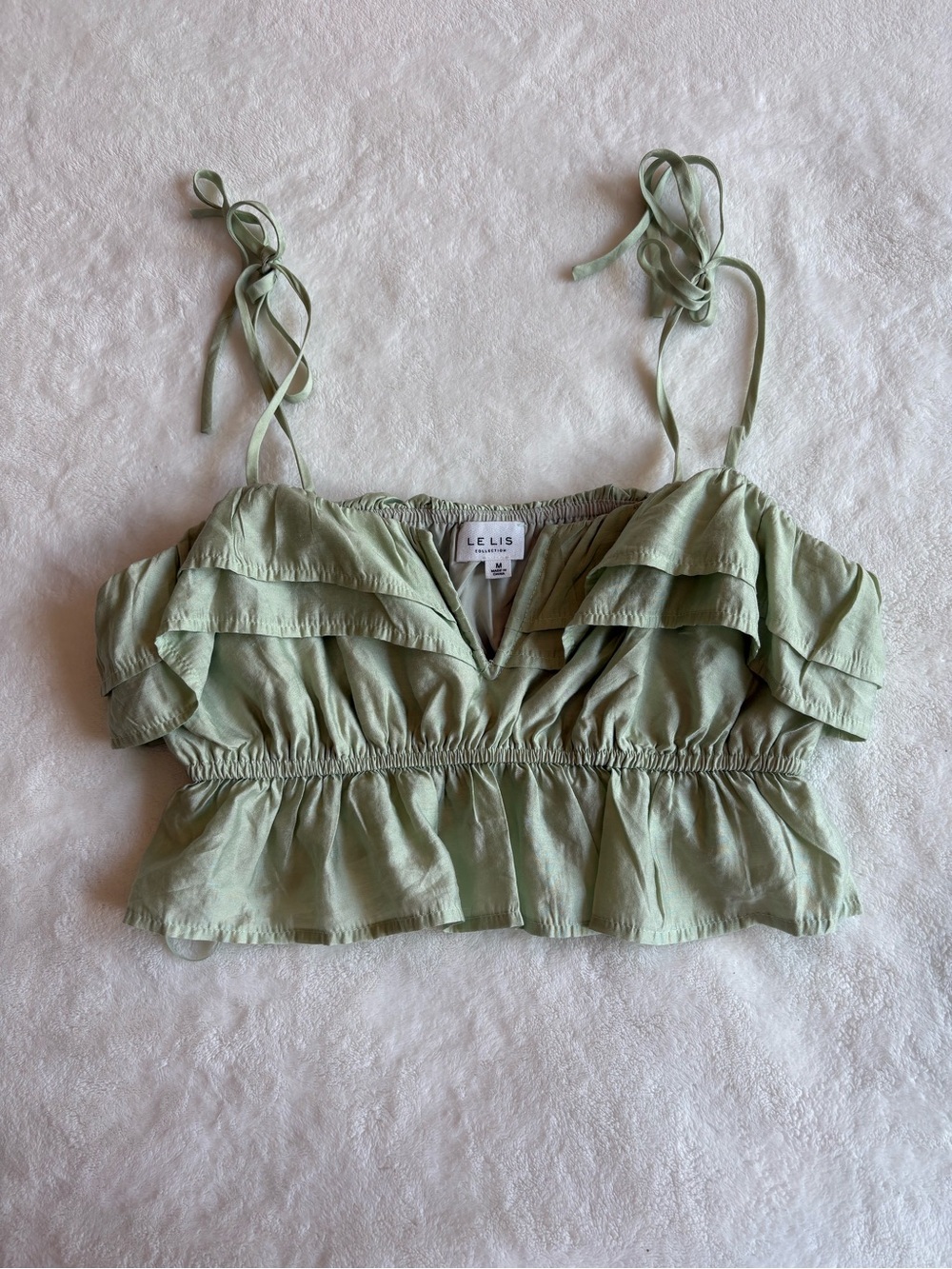Le Lis Sage Green Ruffle Tie Strap Crop Top Medium